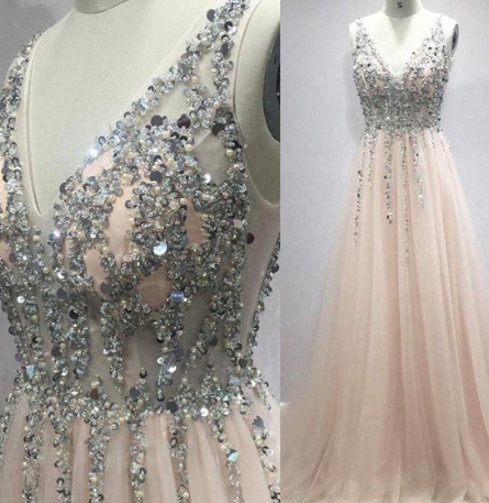 Deep V Neck Long Tulle Peach Prom Dresses With Sequins And Beads cg2273