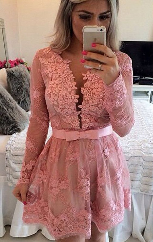 Long Sleeves V Neck Lace Homecoming Dress Pink Formal Evening Gown    cg22734