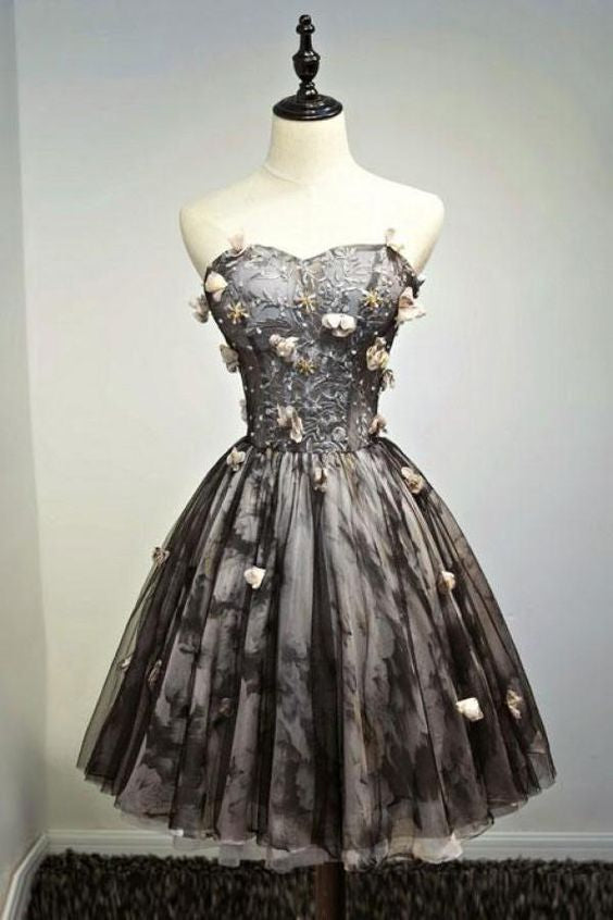 A Line Black Sweetheart Strapless with Flowers Tulle Short School Dress,Homecoming Dress      cg22738