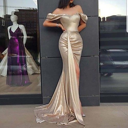 Trumpet Sexy Off Shoulder Sleeveless Sweep / Brush Train Satin with Split Prom Dress         cg22773