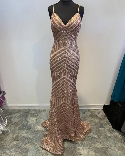 Straps Mermaid Rose Gold Sequined Evening Dress      cg22780