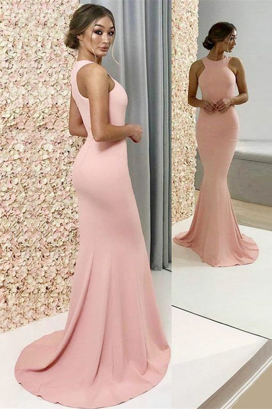 Elegant Mermaid Round Neck Elastic Satin Pink Long prom Dresses cg2280