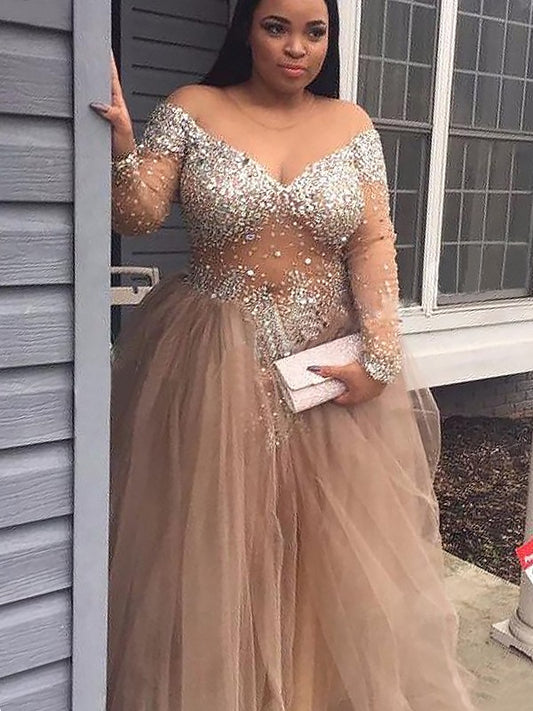 Ball Gown Off-the-Shoulder Long Sleeves Sequin Tulle Floor-Length prom Dresses    cg22807