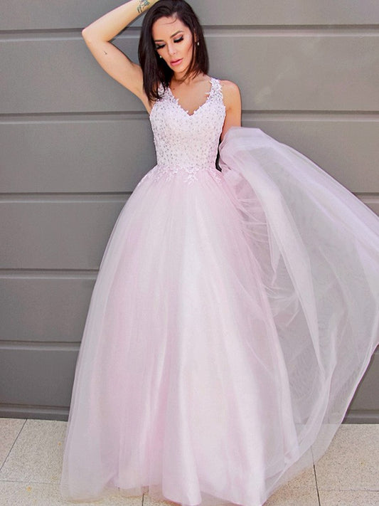 A-Line/Princess V-neck Sleeveless Applique Tulle Floor-Length Dresses prom Dresses    cg22808