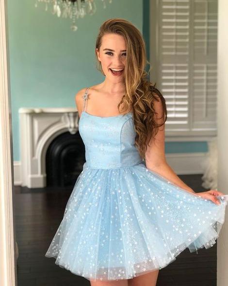 Cute Light Blue Stars Tulle Homecoming Dresses, Short Sweet Party        cg22823