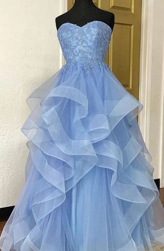 Blue tulle lace long prom dress, blue tulle lace evening dress cg2283