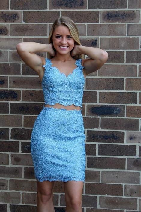 Two Piece Blue Lace Tight Short Homecoming Dress,Sheath Homecoming Dresses       cg22871