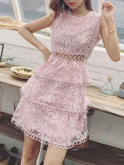 Pink Cut Out Detail Sleeveless Layered Sheer Lace Homecoming Dress        cg22874