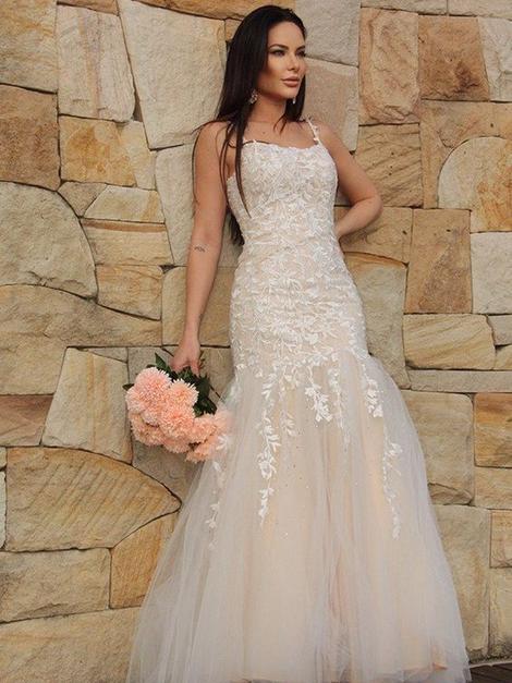 Trumpet/Mermaid Tulle Applique Sleeveless Spaghetti Straps Floor-Length Prom Dresses        cg22911