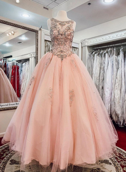 Pink tulle beads long prom dress, pink evening dress cg2292