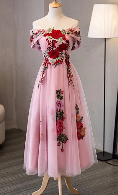 Pink Tulle Tea Length Beautiful Party Dress, Wedding Party homecoming Dress cg2293