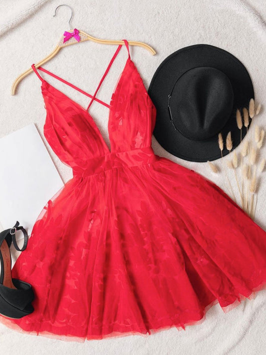 Red v neck tulle lace short dress, red homecoming dress       cg22970