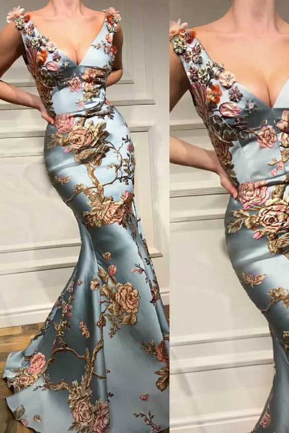Sexy Deep V Collar Embroidery Floral Printed Fishtail Maxi Dress Long Prom Dress      cg22979