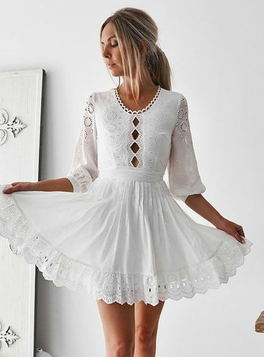 A-Line 3/4 Sleeves White Lace Homecoming Dress With Keyhole       cg22983