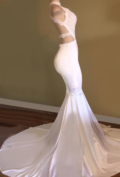 Sexy Open Back White Jersy Prom Dress with High Collar       cg22988