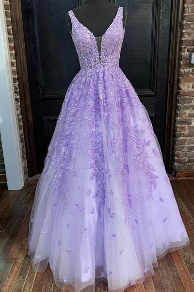 V Neck Purple Lace Long Prom Dress, Long Purple Lace Formal Dress, Lilac Lace Evening Dress     cg23001