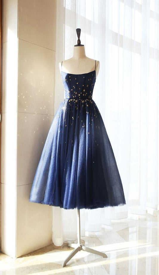 A Line Spaghetti Straps Navy Blue Tea Length Homecoming Dress With Sequins cg2301