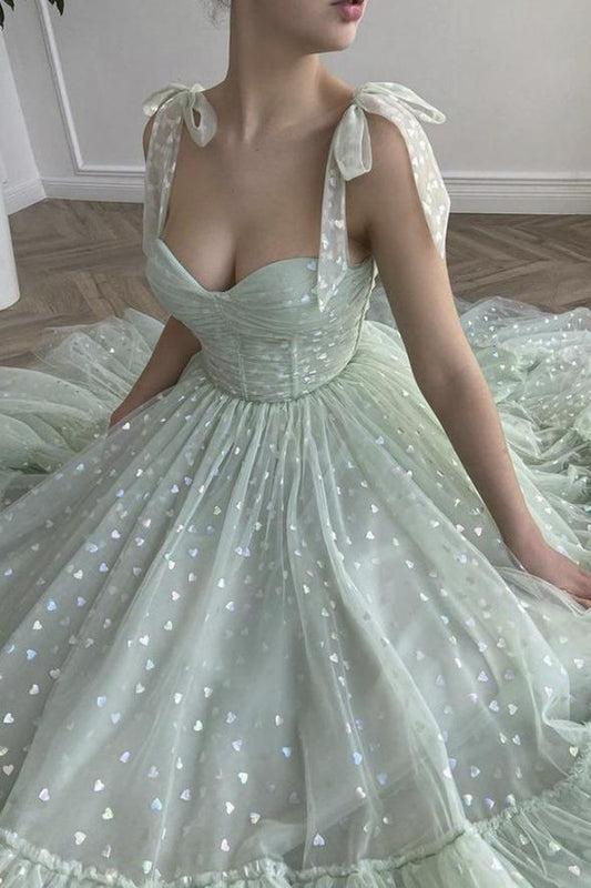 Green tulle short A line prom dress        cg23029