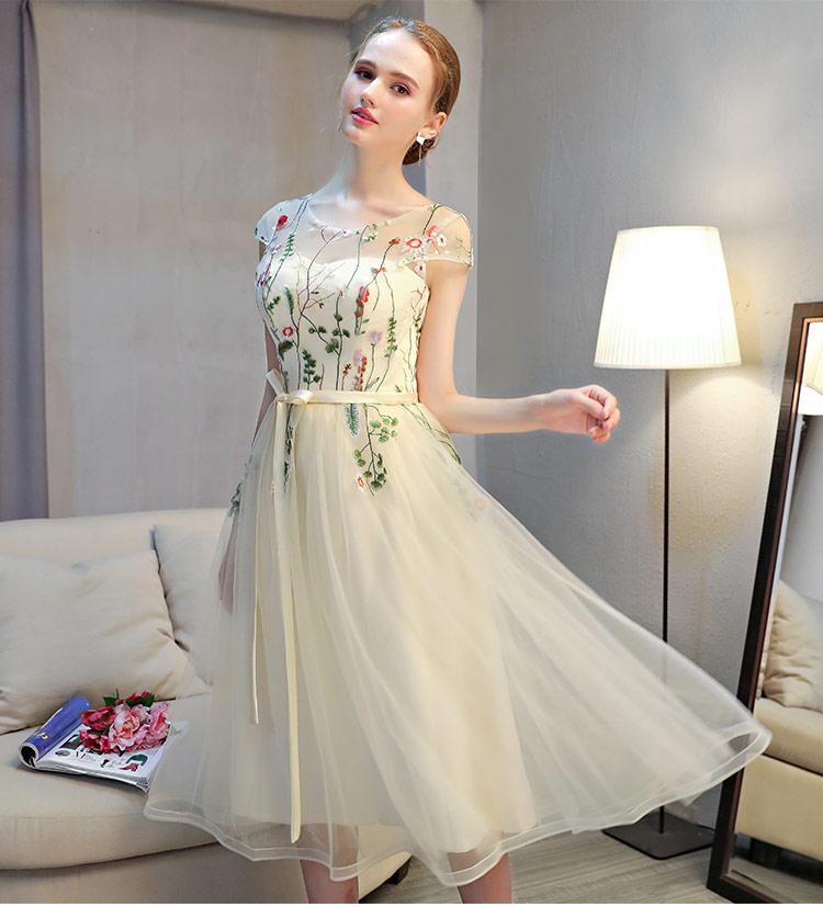 Lovely Light Champagne Cap Sleeves Floral Tea Length Party Dress, Cute Wedding Party Dresses Homecoming Dress     cg23033