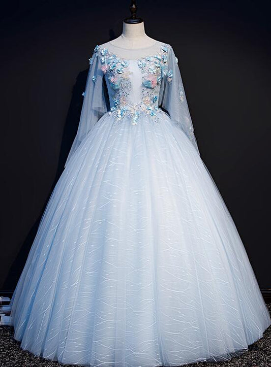 Light Blue Flowers Lace Round Neckline Ball Gown Sweet 16 Dress, Blue Long Formal Dresses prom Dress        cg23035