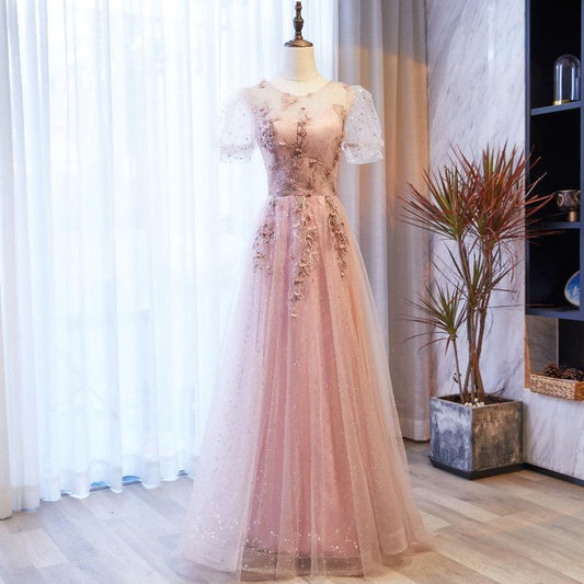 Pink Tulle With Puffy Sleeves Floral Long Evening Dress, Pink Long Party Prom Dress Formal Dresses        cg23037