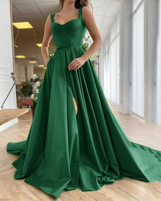 Emerald Green Satin A Line High Slit Prom Dress with Buttons      cg23054