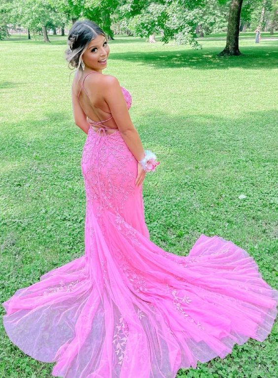 mermaid hot pink lace appliques long prom dress      cg23058