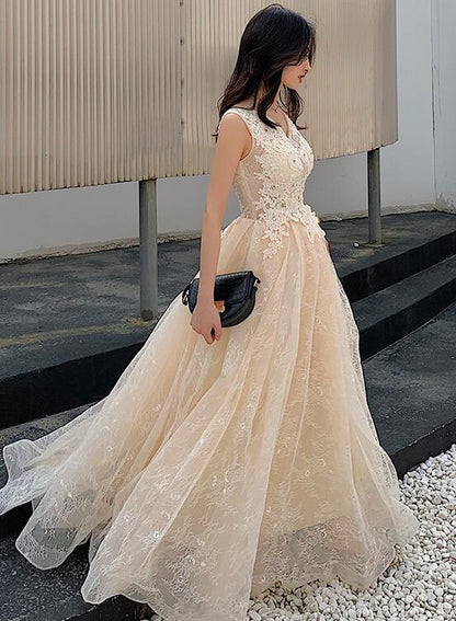 Champagne Lace V-Neckline Tulle Long Evening Dress Prom Dress, A-Line Lace Formal Dresses     cg23065