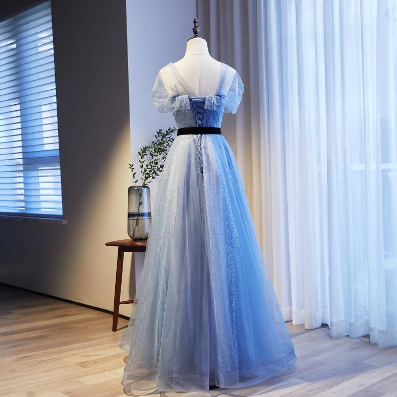 Lovely Blue Beaded Long Evening Dress New Style Party Prom Dress, Blue Tulle Formal Dresses     cg23066