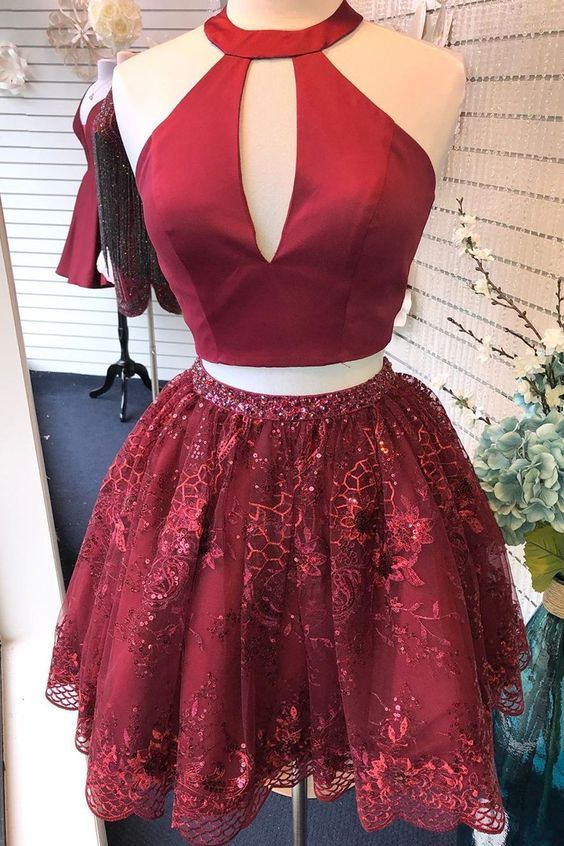 Two Piece Burgundy Beaded Sequins Homecoming Dress With Cut Out      cg23084