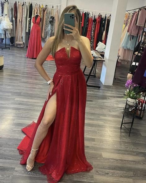 Red sequins long A line prom dress red evening dress       cg23106