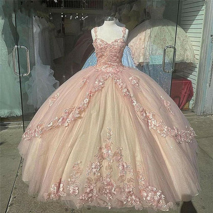 Pink Sparkly Quinceanera Prom Dresses Lace Flower Sweet 16 Tulle Party Ball Gown       cg23110