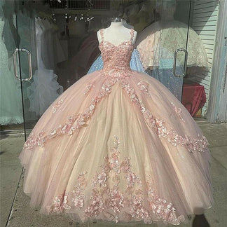 Pink Sparkly Quinceanera Prom Dresses Lace Flower Sweet 16 Tulle Party ...