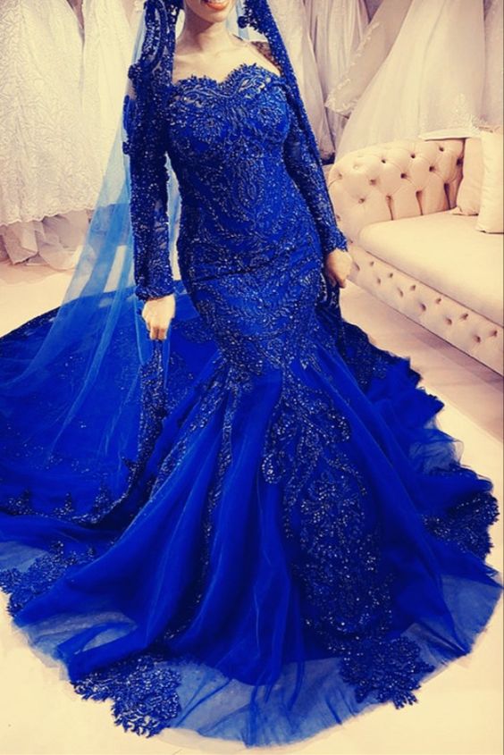Elegant Royal Blue Lace Mermaid Prom Dresses Long Sleeves Evening Gown Off The Shoulder     cg23113