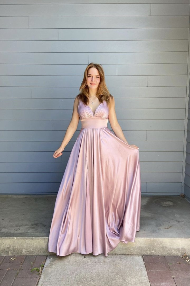 Pink v neck long A line prom dress pink evening dress       cg23132