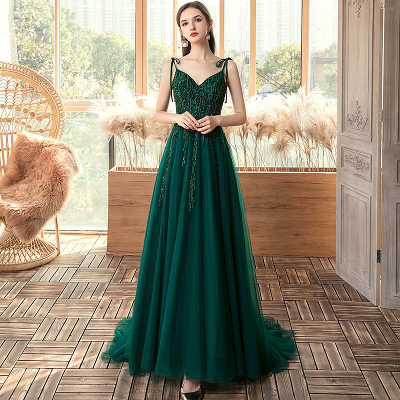 Green Beaded V-Neckline Straps Tulle Long Formal Dress, Dark Green A-Line Prom Dress       cg23133