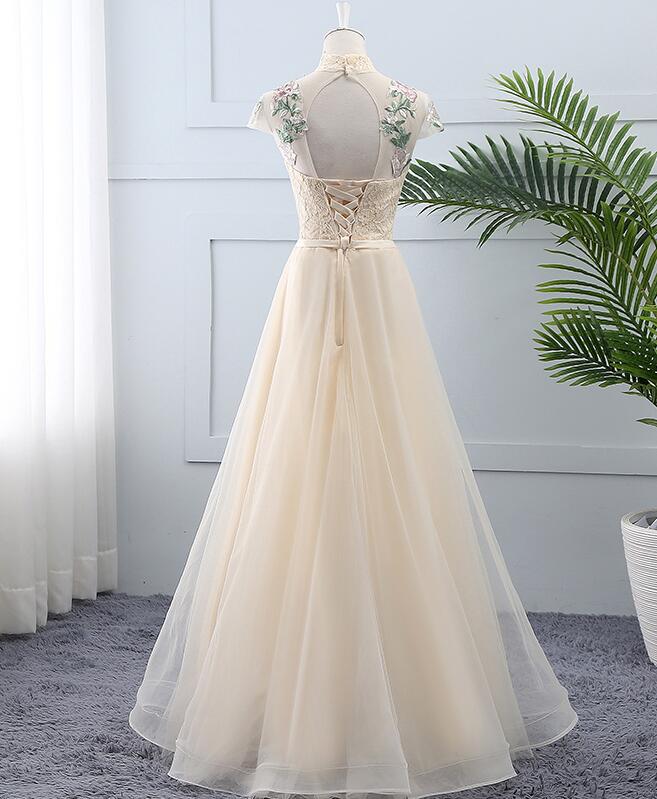 Light Champagne Tulle And Lace High Neckline Long Party Dress, A-Line Tulle Bridesmaid prom Dress       cg23136