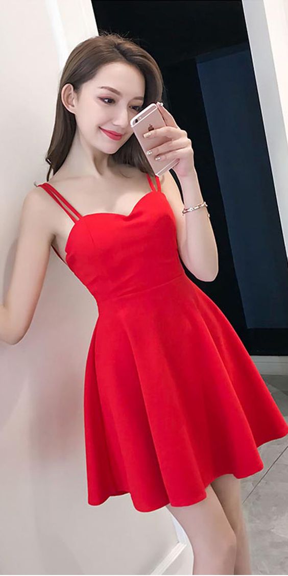 Simple Straps Sweetheart Red Satin Homecoming Dresses Party Dresses  cg2317