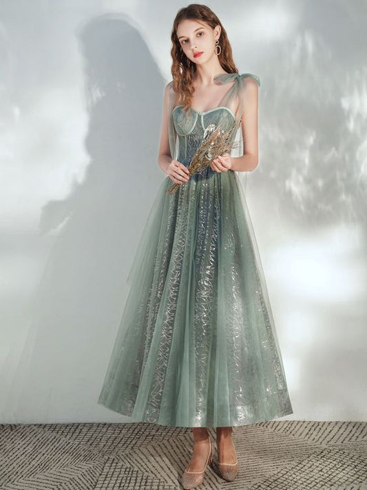 Green A -line tulle lace tea length prom dress green evening dress        cg23182