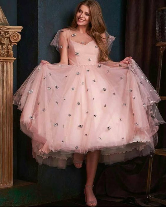 Pink Tulle party Dresses,Tea Length Prom Dresses      cg23200
