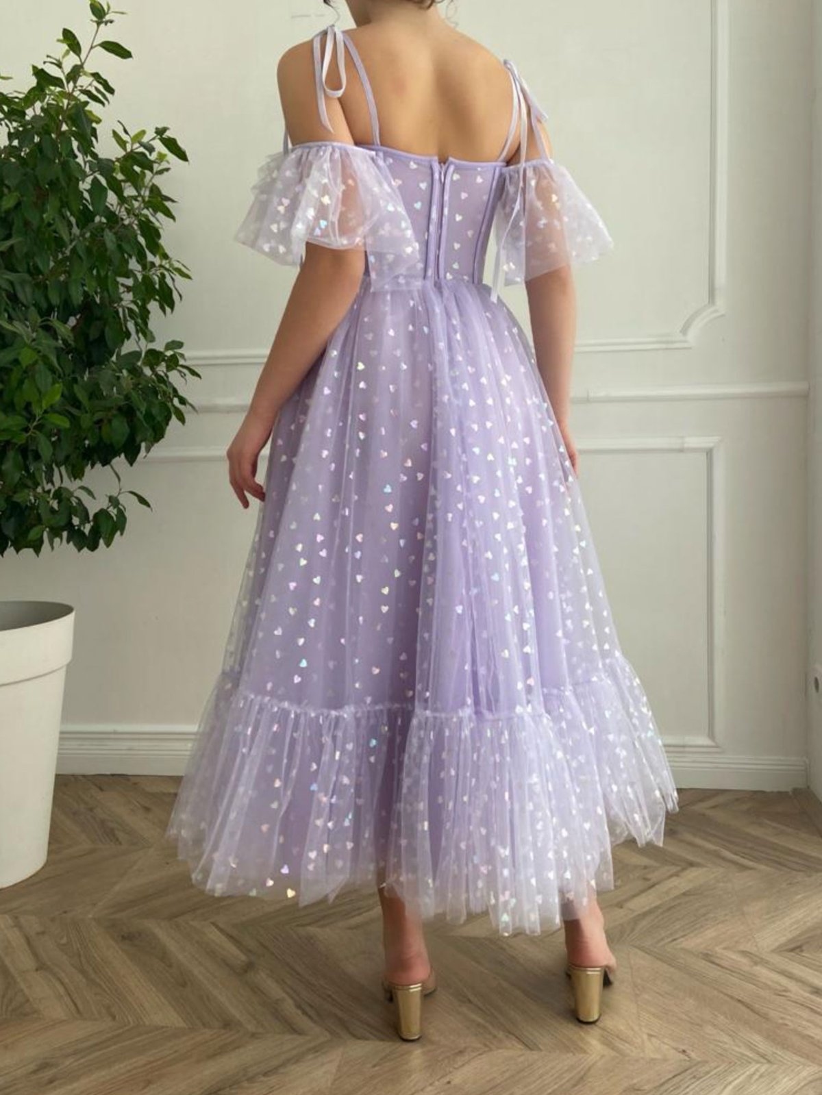 Purple tulle tea length prom dress, purple evening dress           cg23217