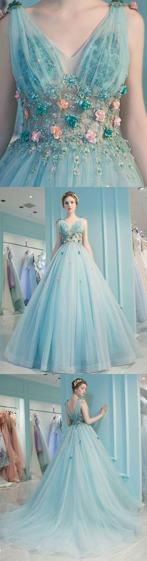 Blue v neck tulle long prom dress, blue evening dress             cg23223