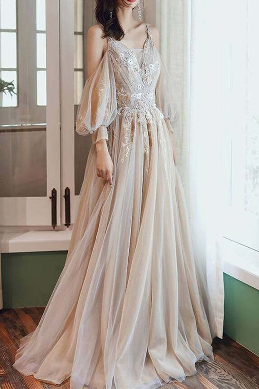 Unique Cold Sleeves Champagne Long Formal Dress long prom dress, evening dress    cg23246