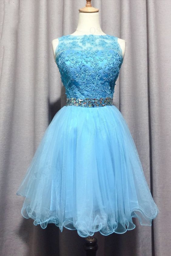 Light Blue Lace Appliques Short Homecoming Dress         cg23256