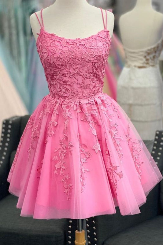 A-line hot pink lace appliqued short homecoming dress 16st birthday dress          cg23257