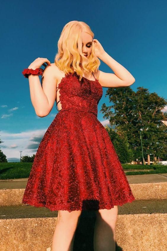 A-line red lace short homecoming dress with lace up back           cg23259