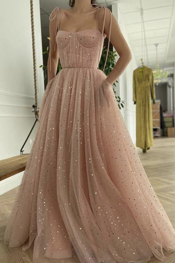Pink tulle long A line prom dress pink evening dress       cg23261