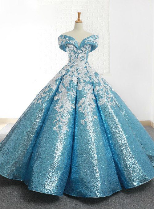 Blue Ball Gown Sequins Off The Shoulder Appliques Wedding Prom Dress         cg23268
