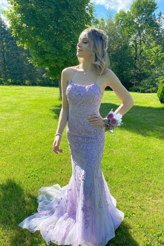 mermaid lavender appliqued long prom dress with spaghetti straps      cg23278