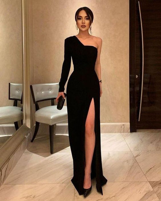 Sheath One Shoulder Black Elastic Satin Evening Dress, Split Black Party Prom Dresss         cg23285